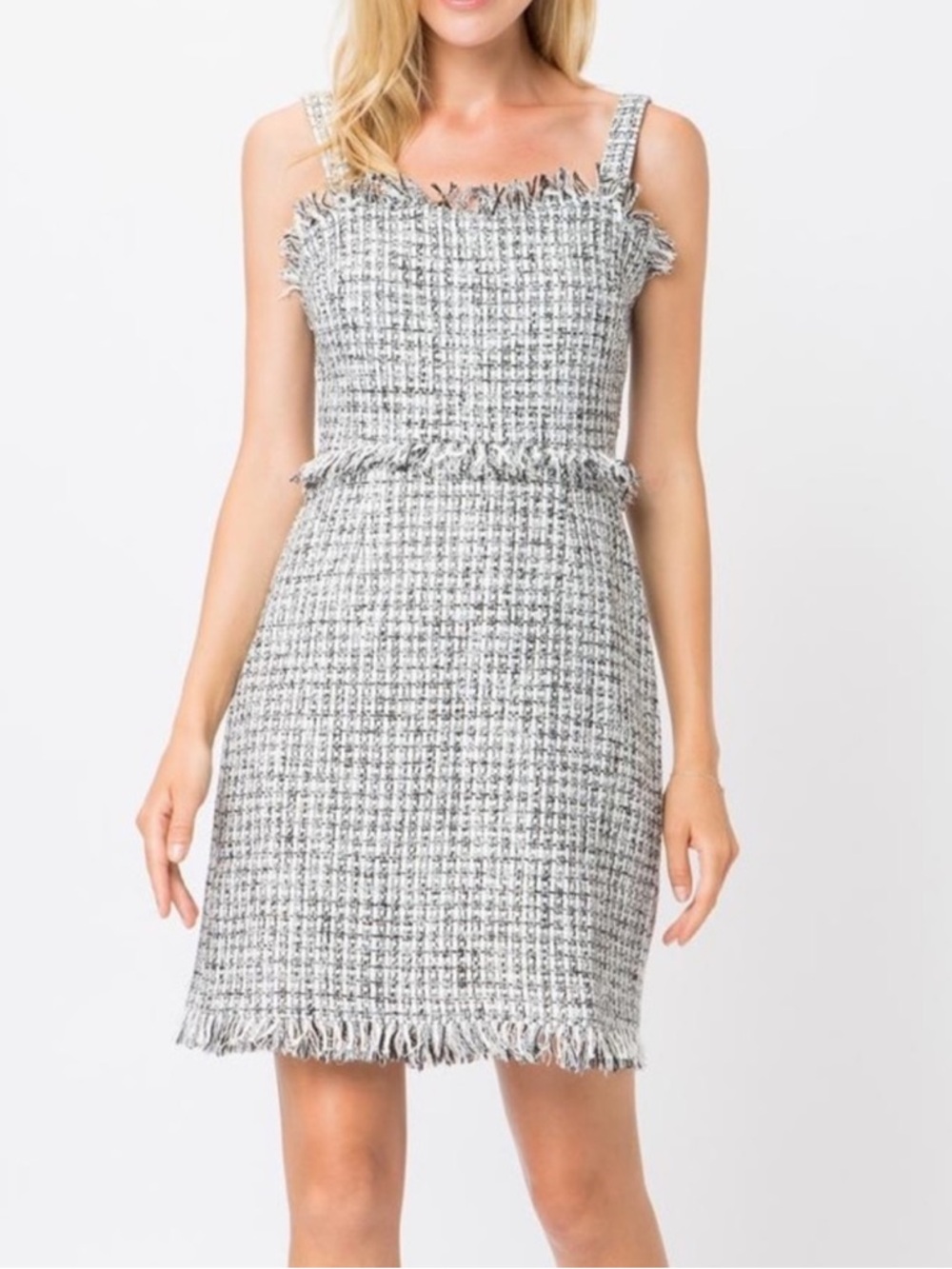 Storia Black & White Sleeveless Tweed Fringe Mini Dress - Women's size medium